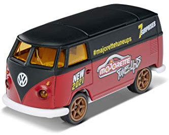 Majorette Volkswagen T1, Bully, Model of the Year 2021, Spielzeugauto, Freilauf, exklusives Auto Design, Gummireifen, Sammelbox, 7,5 cm, rot/schwarz, für Kinder ab 3 Jahren