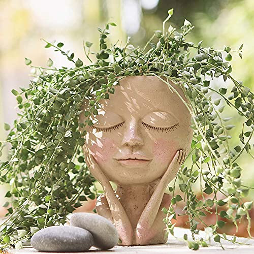 Résine Visage Pots De Fleurs,Créatif Conception De Tête Cache-pot Jardinière,Cactus Planteur Succulent Avec Trou De Drainage,Intérieur Extérieur Vases De Fleur Jardin Statue Décor -Yeux fermés a 17x12