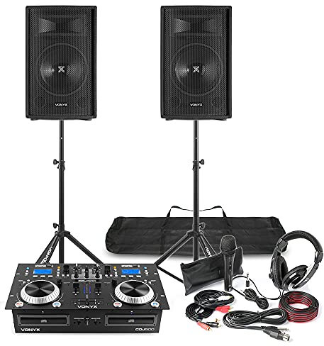 Vonyx Complete DJ Setup with Dual CD Mixer Amplifier, Twin 12 PA Speakers, Adjustable Stands, Microphone & Headphones - All-in-One Beginner DJ Package with Bluetooth & USB Playback
