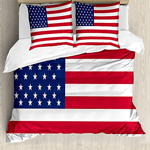 ABAKUHAUS 4. Juli Bettbezugs Set Für Doppelbetten, USA Flag Illustration, Milbensicher Allergiker geeignet mit Kissenbezügen, Dunkelrosa Lavendelblau