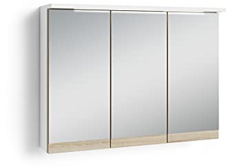 byLIVING Spiegelschrank Marino / 3-türiger Spiegel Hängeschrank weiß/Absetzung Eiche-Optik hell-braun/LED-Beleuchtung u. Steckdose/Badspiegel/Wandschrank mit Spiegeltüren/B 80, H 60, T 20 cm