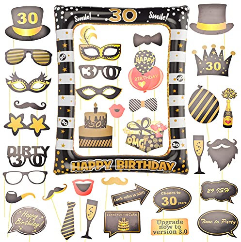AIBAOBAO 36 Pcs 30th Birthday Inflatable Frame, Black and Gold Party Decorations for Adults Selfie Frame +35 Pcs Funny DIY Photo Booth Props for Ladies Women Men Gift, Family Fun Holiday Supplies