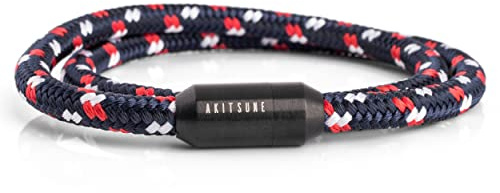 Akitsune Mare Segeltau Nylonarmband | 5 mm breit | Magnetischer Kapselverschluss Doppelt Gewickelt Damen Herren Maritim - Mattschwarz-Blau-Mehrfarbig 39 cm