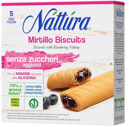 NATTURA Mirtillo Biscuits Senza Zuccheri, Biscotti Senza Latte e Uova, Ripieni di Farcitura al Mirtillo, con il -85% di Grassi Saturi, Vegan, Senza Lievito e Olio di Palma, 125 g (5 x 25g)