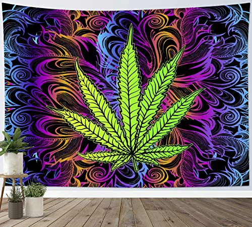 LB Green Weed Tapestry Trippy Plant Wall Hanging Colourful Marijuana Tapestries Cannabis Poster for Living Room Bedroom Ceiling Dorm Wall Decor,59x51 inch