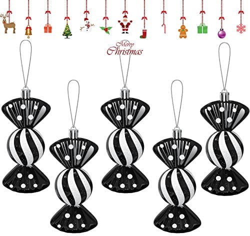 6Pcs Christmas Tree Baubles Candy Ornaments,Pack of 5-110mm Large Sweet Shaped Baubles Christmas Hanging Decorations, Shiny & Glitter Decorated, Christmas Tree Decorations(Black)