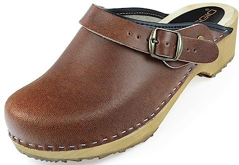 APREGGIO Damen Holz Clogs - Braun - Größe 40 - Bequeme Hausschuhe - Praktische Gartenclogs - Solid Holzschuhe