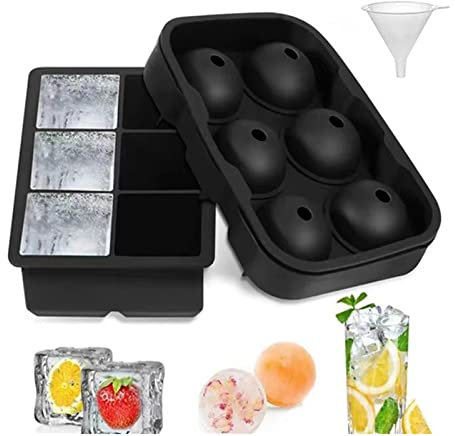 Silicone Ice Cube Trays (Set of 2), Sphere Ice Ball Maker with Lid & Large Square Moulds, Reusable for Baby Food, Freezer, Water, Whiskey, Cocktail and Other Drink Black