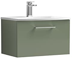 nuie ARN822G Arno Modern Bathroom Wall Hung 1 Drawer Vanity Unit with Curved Ceramic Basin, 600mm, Satin Green