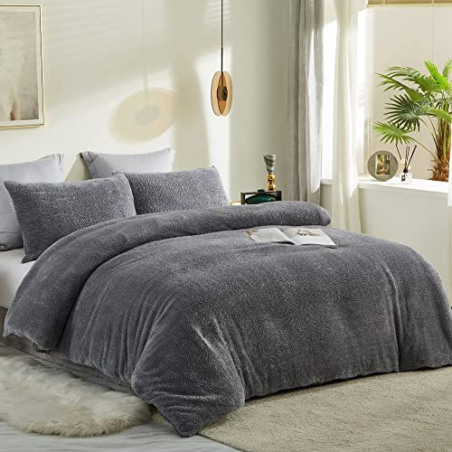 Lanqinglv Warme Winter Bettwäsche 220x240cm Dunkelgrau Flauschig Teddy Fleece Cashmere Touch Flanell Wendebettwäsche Plüsch Sherpa Deckenbezug Bettbezug mit Reißverschluss und 2 Kissenbezug 80x80cm