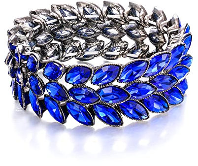 EVER FAITH Armband Art Deco Wrist Jewelry for Prom 3 Marquise Kristall Blatt Elastisches Stretch Marineblau Schwarz-Ton