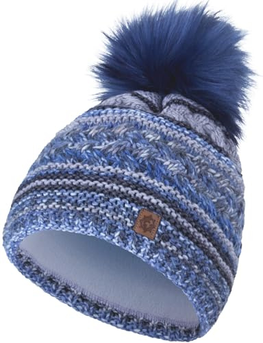 Compagno Wintermütze Damen Strickmütze Mütze Damen Bommelmütze Mehrfarbig Futter Beanie 87, Farbe:Blau