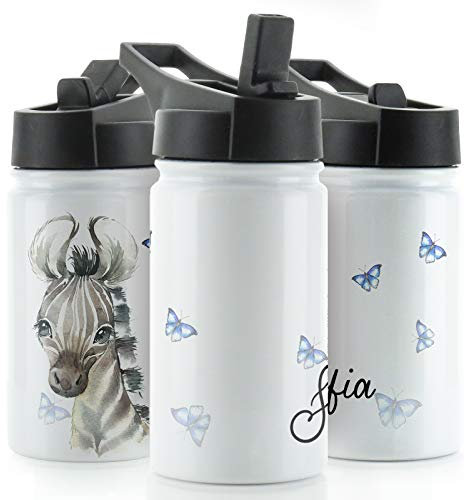 Hairyworm Personalised Water Bottle, 350ml White Sports Flask with Straw Cap Flip Lid, Stainless Steel, Customised with Initial/Name, Zebra Blue Butterfly Design Print