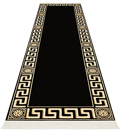 Premium Flur Teppich Läufer Teppichläufer Flur Schlafzimmer Küche Maänder Muster Kurzflor in Schwarz Gold mit Fransen - Mäander Design Antirutsch K-Seidenglanz 100% Viskose Öko Tex - 80x400 cm