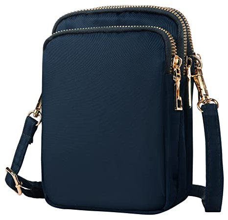 Lollanda Women Crossbody Phone Bags, Nylon Ladies Mobile Phone Bags with Adjustable Shoulder Strap, Mini 3 Layers Zipper Purse Wallet for Women and Ladies (Dark blue)