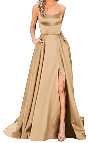 Blingko Robe Longue Femme en Satin élégante Sexy Dos Nu Fendue Spaghetti Sangle Couleur Unie Swing pour Bal Mariage Cocktail Robe de Soirée Longue Mariage Party Dress A2khaki XL