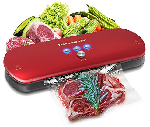 Appareil Sous Vide Alimentaire Professionnel Machine Sous Vide:KitchenBoss Appareil De Mise Sous Vide Automatique Double Soudeuse De Film Pour La Cuisine Et Les Aliments Secs Incl. 5 Sacs, Rouge