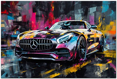PRINTONIA Leinwandbild 120x80cm Mercedes AMG GT GTR Abstrakt Art Bilder Dekoration Wandbild Kunstdruck Sportwagen Automobil Deko