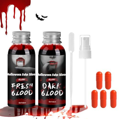 Allony Faux Sang Halloween, Spray Faux Sang, Faux Sang Lavable, Faux Sang Liquide Halloween Realiste, Maquillage Halloween Faux Sang-Sang Chen 60ml + Sang Frais 60ml
