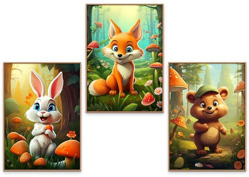 GrowArt - Premium Poster-Set im A3-Format - Märchenhafte Tiere im Wald, perfekt für das Kinderzimmer. Buntes Bild. Drei Fotos, die eine harmonische Komposition ohne Rahmen bilden.