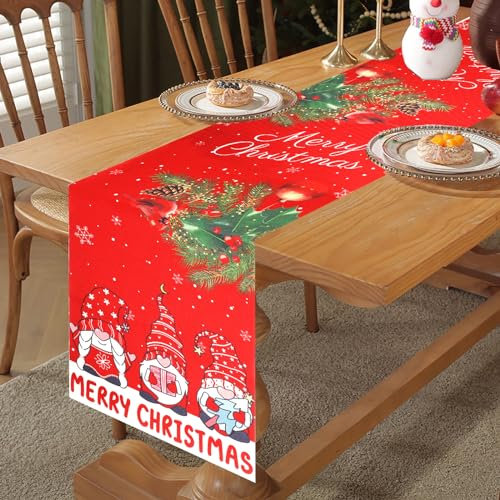 Runner da Tavola Natalizio con Stampa di Gnomi Agrifoglio Natale Uccelli, Tovaglia Natalizia in Lino Rosso, Lavabile Runner Natalizio Decorazioni per Tavola di Natale Cene di Famiglia, 14 x 72