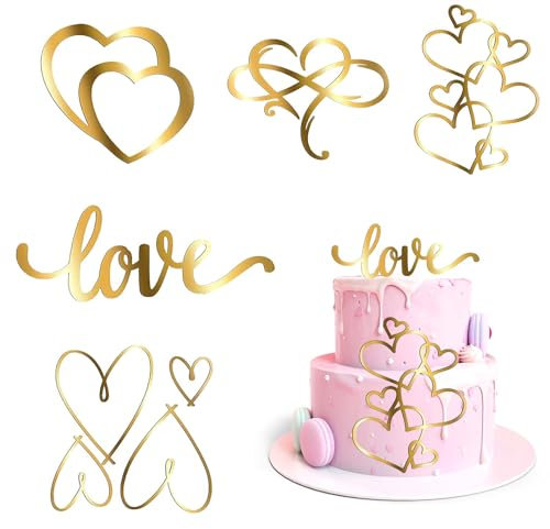 5 Piezas Decoraciones para Tartas de Acrílico en Forma de Corazón, Topper Tarta Cumpleaños Topper Tarta Bodas, Decoración Tarta para Bodas Aniversarios Cumpleaños Fiesta Día de San Valentín