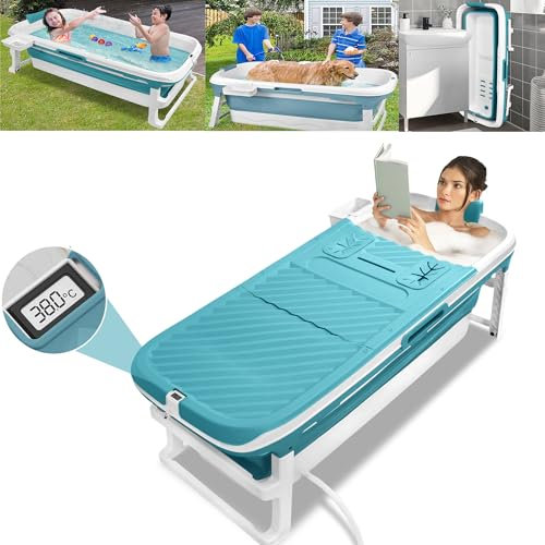LARS360 Baignoire pliable pour adulte - 132 x 61 x 54 cm - Avec couvercle amovible - Thermomètre - Rouleaux de massage - Étagère de rangement - Coussin - Bleu