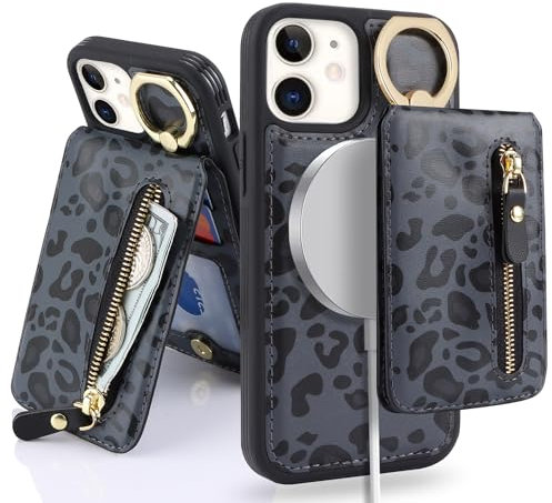 SailorTech iPhone 12 Mini Phone Leather Case with Credit Card Holder Magsafe, iPhone 12 Mini Case Ring Stand with Kickstand Card Slots Wallet Detachable 2-in-1 Zipper Case - Black Leopard