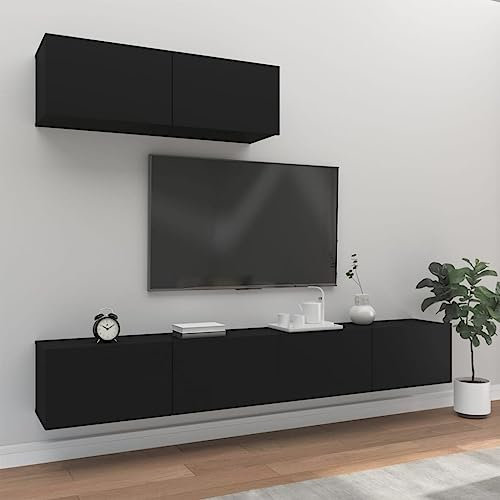 AUVYI TV-Schrank-Set 3-TLG. Schwarz Holzwerkstoff 100x30x30cm Flurschrank Schmal Küchenschränke Fernseher Tisch Buffetschrank TV-Wandschränke Lowboard Hängend Aufbewahrungsschrank