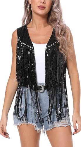 Aivtalk Damen Pailletten Weste mit Fransen Vorne Offene Glitzer Weste Quaste Glitzer Cardigan für Cowgirl Schwarz 1 L