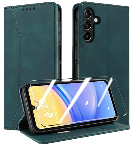 QHOHQ Handyhülle für Samsung Galaxy A15 4G/5G Hülle mit Panzer Folie, Premium Leder Schutzhülle, [RFID Sperrung Schutz], Magnet Klappbar Flip Case Tasche, Multifunktional, Stoßfest (Traum)-Seegrün