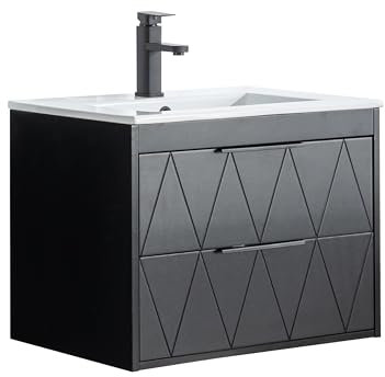 UEV Meuble sous Lavabo Suspendu 60cm, avec Lavabo en Céramique, Robinet, 2 Grands Tiroirs, Meuble Salle de Bain, Motif Ligne, Style Ligne Scandinave (Noir(avec Lavabo), 60 x 45 x 46cm)