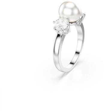Swarovski Matrix Cocktailring, Weißer, Rhodinierter Ring mit Kristallperle und Strahlenden Kristallen im Rundschliff