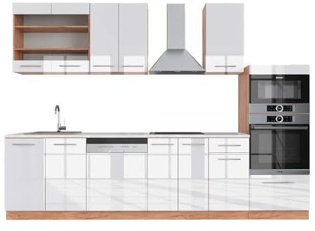 Vicco Küchenzeile Fame-Line, Weiß Hochglanz/Goldkraft Eiche, 300 cm mit Hochschrank, AP Marmor
