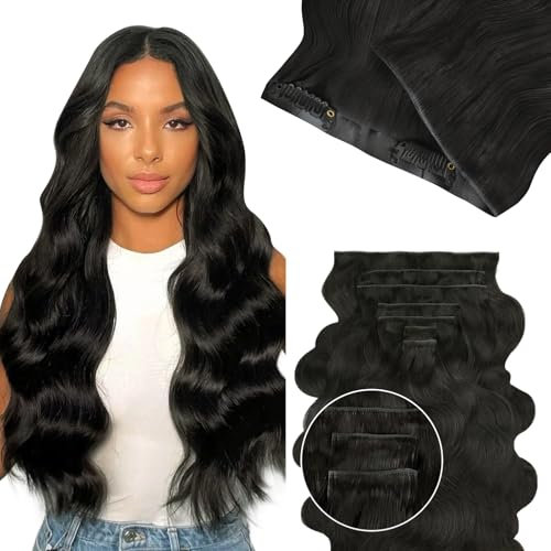 Lashey Invisi Edge Clip in Extensions Echthaar, 7 Stück 110g 60cm Injected Nahtlose Echthaar Extensions Clip, Natürliches Schwarz Gewellt Remy Menschliches Haar