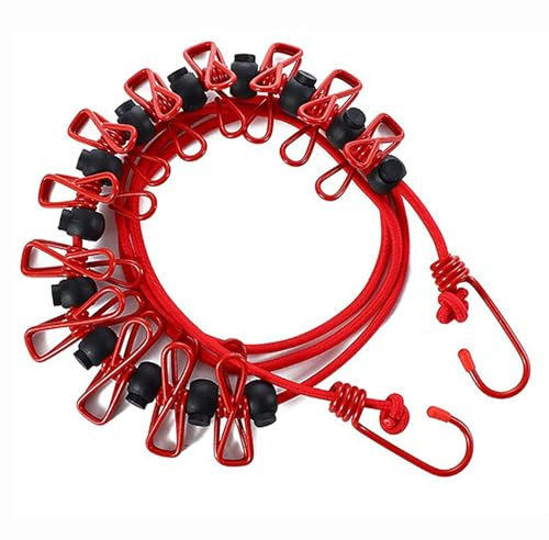 Wäscheleine Camping, Wäscheleine mit 12 Wäscheklammern, Camping Zubehör, 1.8m-3.6m Reise Urlaub Outdoor wäscheschnur Wäscheständer für Badezimmer, Waschküche, Garten oder Reise (Rot)