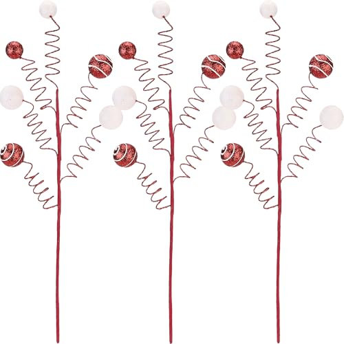 Sea Team 6-Pack Decorative Christmas Branches, Painted Ball Ornaments, Tree Toppers, Vase Fillers, Stems, Picks for Christmas Tree, Wreath, Garland, 16-Inch, Red & White
