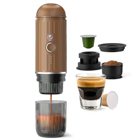 BENFUCHEN Machine à expresso portable pour le voyage, machine à expresso électrique auto-chauffante, mini-cafetière 19 bars pour le camping et la randonnée, pour café moulu et NESPRESSOpods, Marron