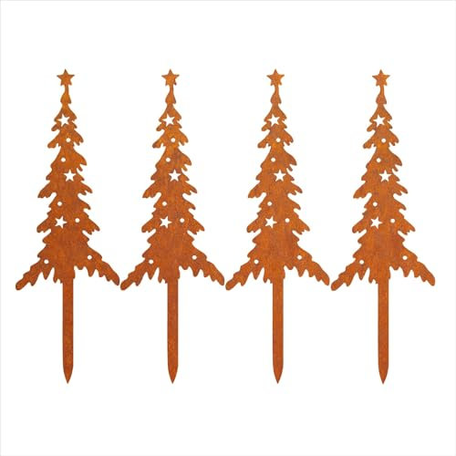 Roststecker Tannenbaum und Elch weihnachtsdeko, 4er Set Metall Rost Deko Weihnachtsbaum Gartenstecker, Herbstdeko Roststecker Weihnachtsdeko für Draußen (4er Set Tannenbaum)