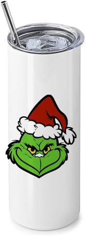 Personalised Christmas Monster Tumbler, Xmas Gift, 20 OZ Stainless Steel Skinny Tumbler, Double Walled Vacuum Insulated with Closed Lid and Metal Straw. - ONE Tumbler ONLY