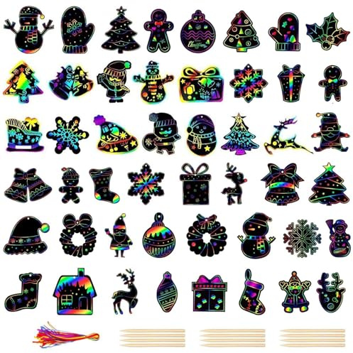 Christmas Scratch Art for Kids,48 Pieces Xmas Scratch Crafts Foil Art Paper Holographic Painting DIY Rainbow Magic Scratch Paper for Kids Party Bag Fillers Party Favor Holiday Decor