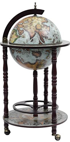 Myheimly Eukalyptusholz Globusbar mit Flaschenregal Weinregal Rollen Minibar Weltkugel Hausbar Cocktailbar Dekobar Tischbar Barwagen Blau und Braun