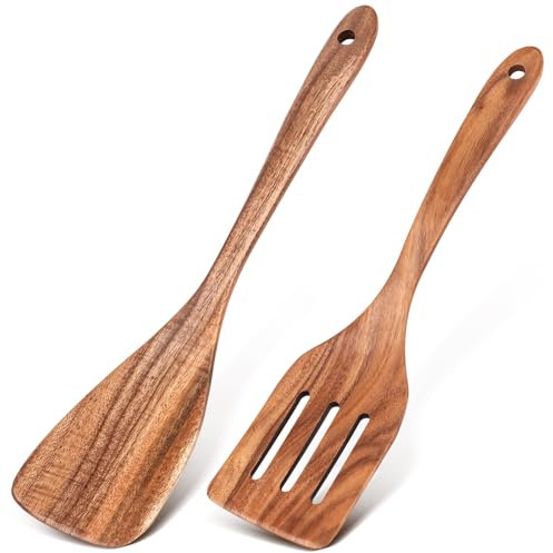 Wooden Spatula for Cooking,12.6” Natural Teak Wooden Kitchen Cooking Utensils Set, Wood Spatulas for Non-Stick Frying Pan, Slotted Solid Wood Wok Spatulas Flippers Turner for Egg Pancake Fish, 2 Pcs