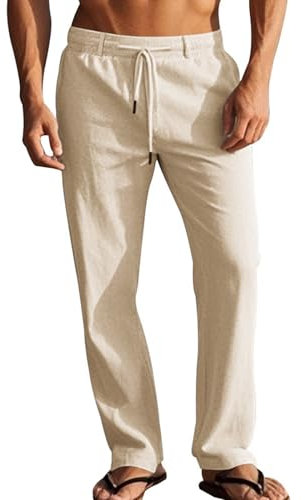 LAOARA Pantaloni Cotone Lino Uomo Estivi Yoga Pantalone Casual Larghi con Elastico in Vita Uomo Cachi M