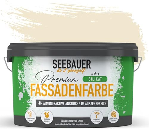 SEEBAUER diy Silikat-Fassadenfarbe Beige 2,5L für Außen (No. 417 Honey Bee) Atmungsaktive Mineralfarbe für Fassaden - Geeignet für Putz, Mauerwerk und Beton