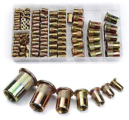 Blindnietmuttern, Gewindeeinsatzmuttern, Senkkopf, offener Senker, 165-teilig, verzinkt, gerändelte Nietmuttern, flache Hutmuttern, Sortimentssatz M3-M12