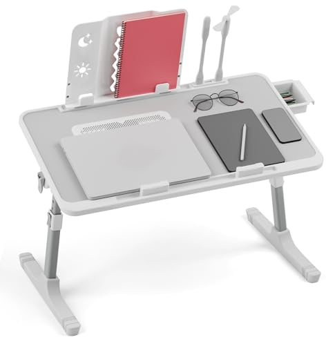 Bed Table and Lap Desk, Soft Cushions, Adjustable Height and Angle, Foldable Laptop Table with Holder, Wide Surface Tray, for Bed, Sofa and Chair, Laptop Stand with Drawer (Grey)