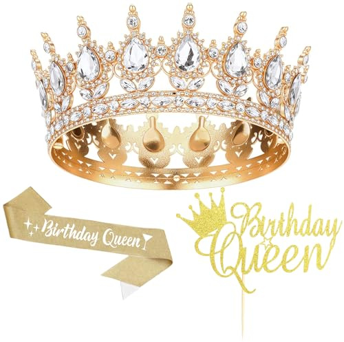 ZJKUBOIS Goldene Krone Damen 3er Set: Prinzessin Krone Mädchen + Geburtstags Schärpe mit Birthday Queen + Happy Birthday Cake Topper, Geburtstagskrone Erwachsene für Geburtstag Party, Prom, Hochzeit