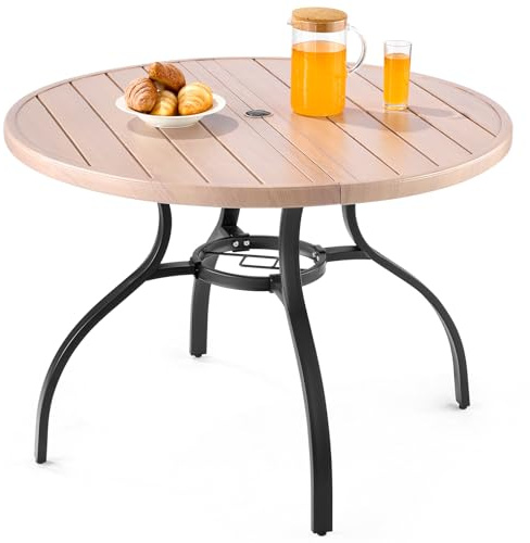 VEVOR Mesa de Patio para Jardín y Balcón, Redonda, de Acero al Carbono, para Exteriores, Patio, Terraza, Impermeable, con Orificio para Sombrilla y Veta de Madera, Carga 68 kg, 1035 x 720 mm