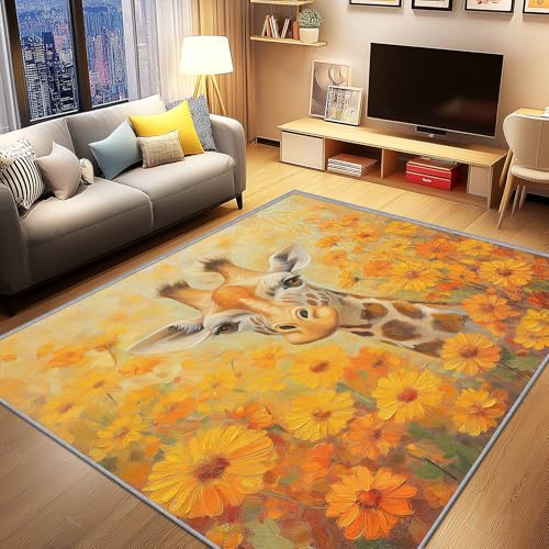 AevuCub Giraffe Deko, Kinder Giraffe Teppich 100x150 Kurzflor, Teppich Wohnzimmer Safari Tiere, Weich rutschfest Waschbare Teppiche, Bettvorleger Schlafzimmer Kinderzimmer
